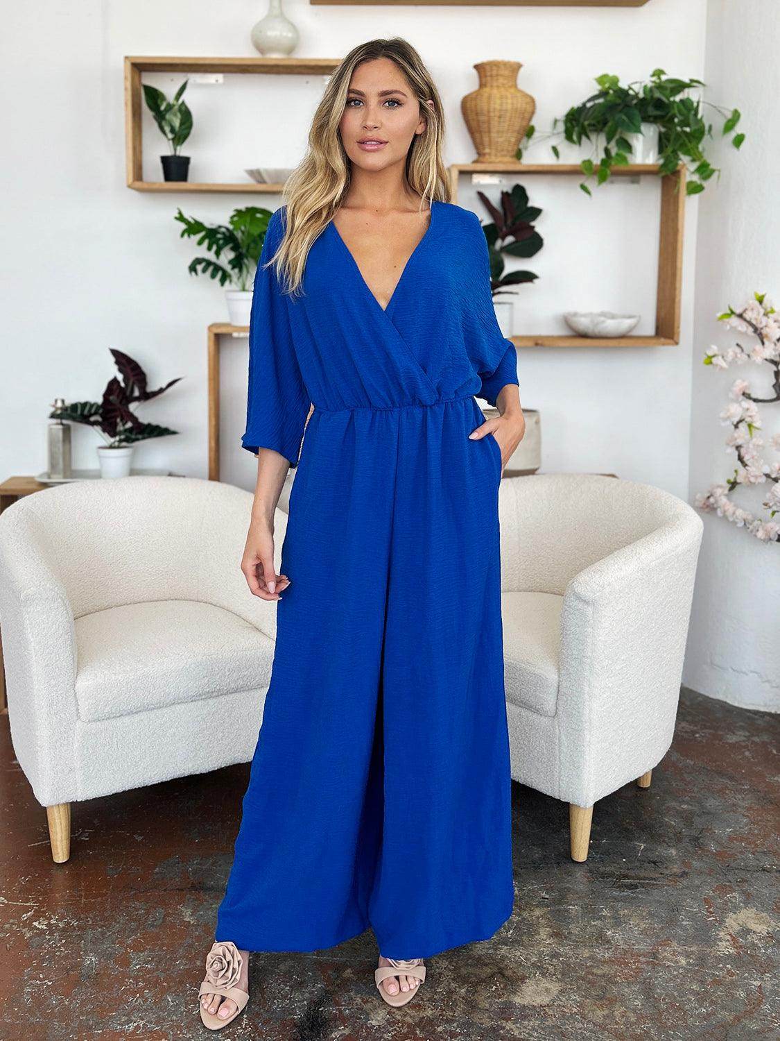 Double Take Full Size Surplice Wide Leg Jumpsuit with Pockets - Selvanelle