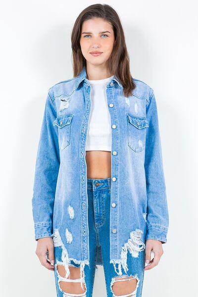 American Bazi Frayed Hem Distressed Denim Shirt Jacket - Selvanelle