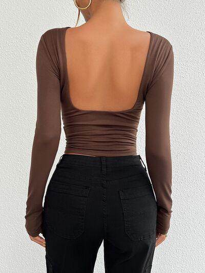 Devine Backless Round Neck Long Sleeve T-Shirt for Women - Selvanelle