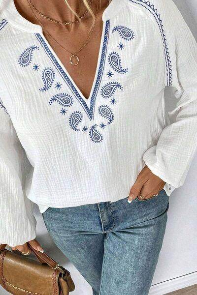 Embroidered Notched Long Sleeve Blouse for Women Fashion - Selvanelle