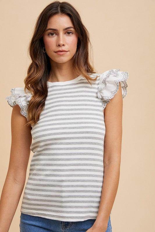 Annie Wear Ruffled Striped Round Neck Cap Sleeve Knit Top - Selvanelle