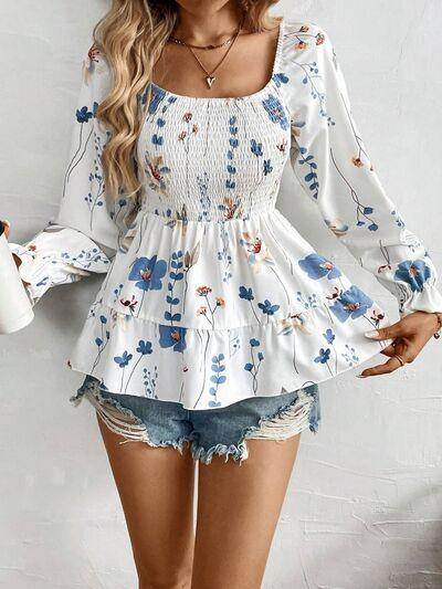 Smocked Floral Scoop Neck Flounce Sleeve Blouse for Women - Selvanelle