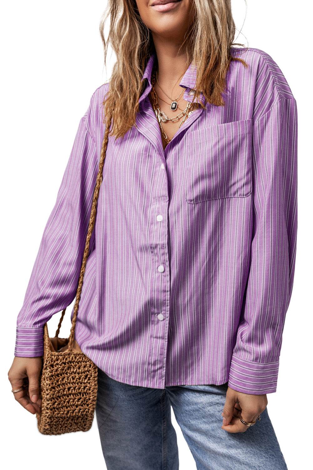 Striped Button Up Long Sleeve Shirt - Selvanelle