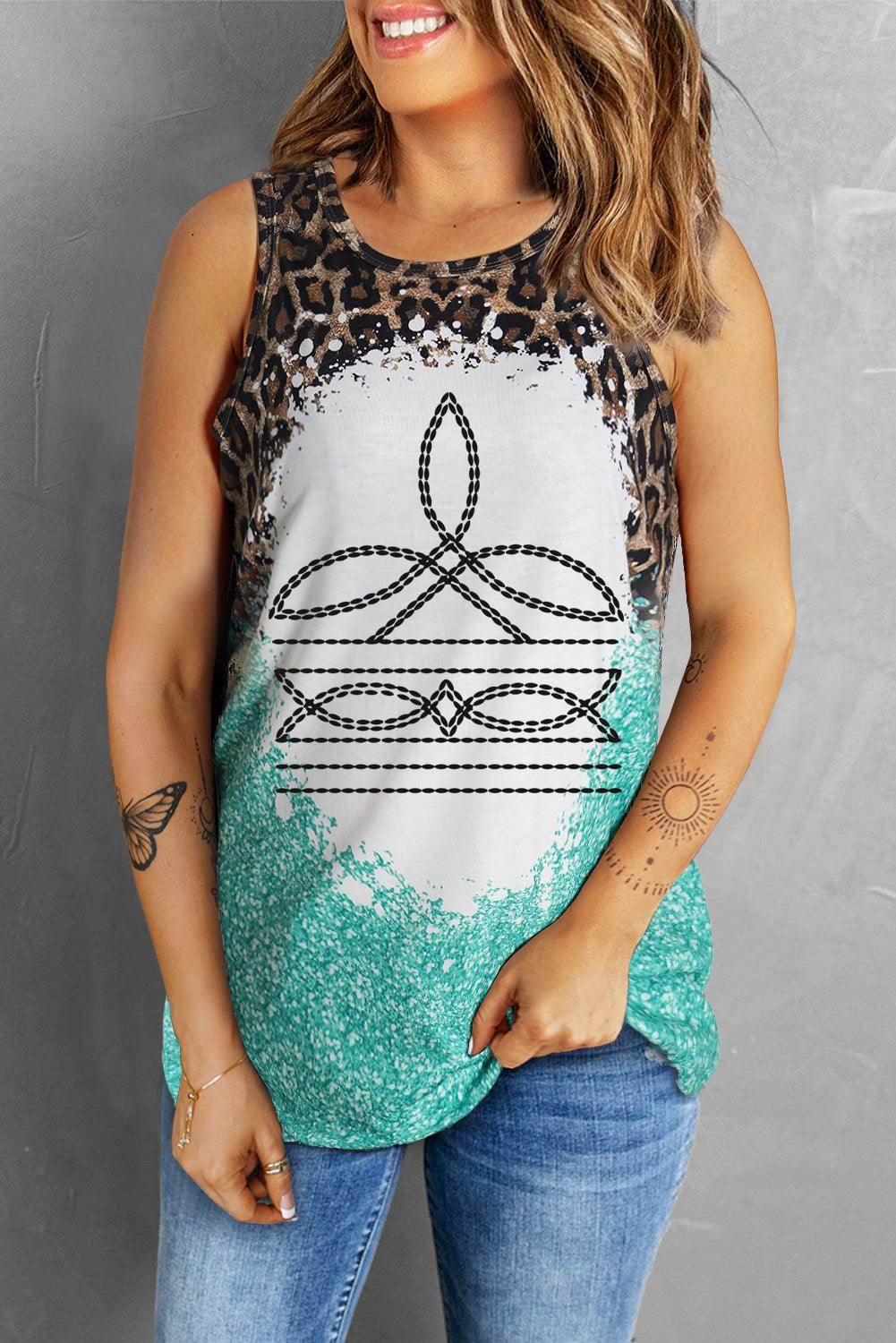 Leopard Geometric Round Neck Tank for Casual Elegance - Selvanelle