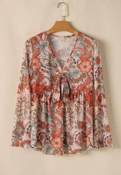 Floral V-Neck Flare Sleeve Blouse for Women Casual Style - Selvanelle