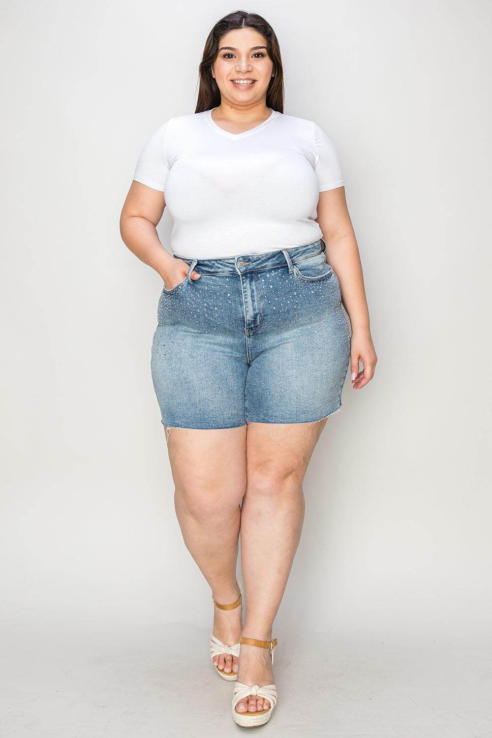 Judy Blue Full Size High Waist Rhinestone Denim Shorts - Selvanelle