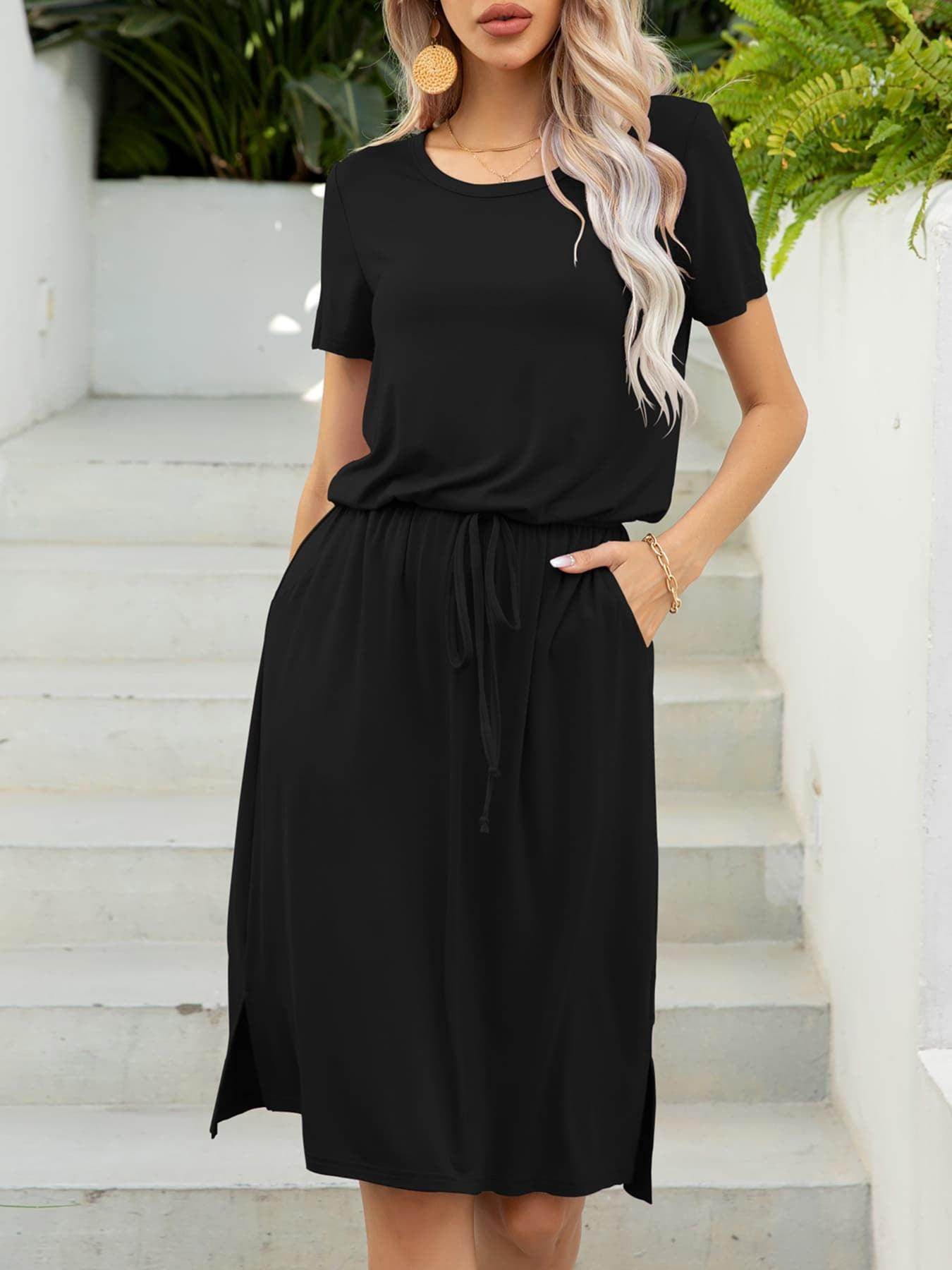 Round Neck Short Sleeve Slit Dress with Pockets for Women - Selvanelle