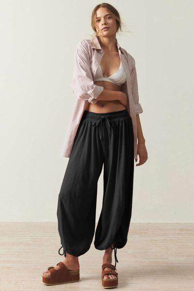 Drawstring Ruched Pants for Women in Sheer Opaque Style - Selvanelle