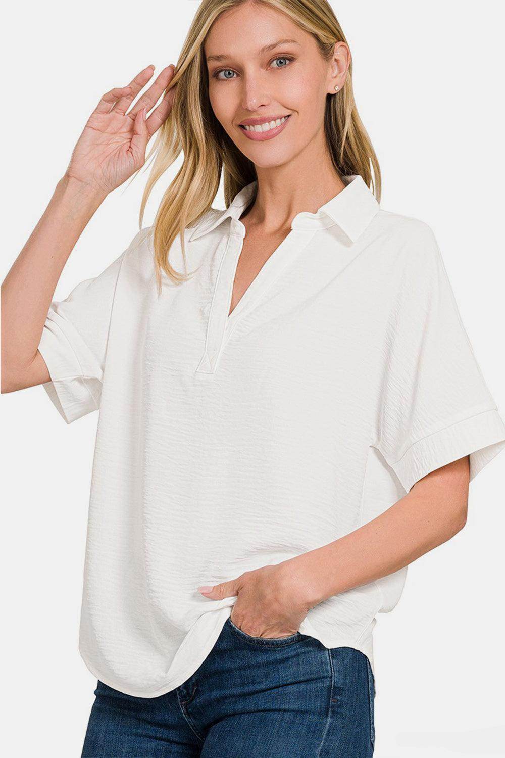Zenana Texture Collared Neck Short Sleeve Top for Women - Selvanelle