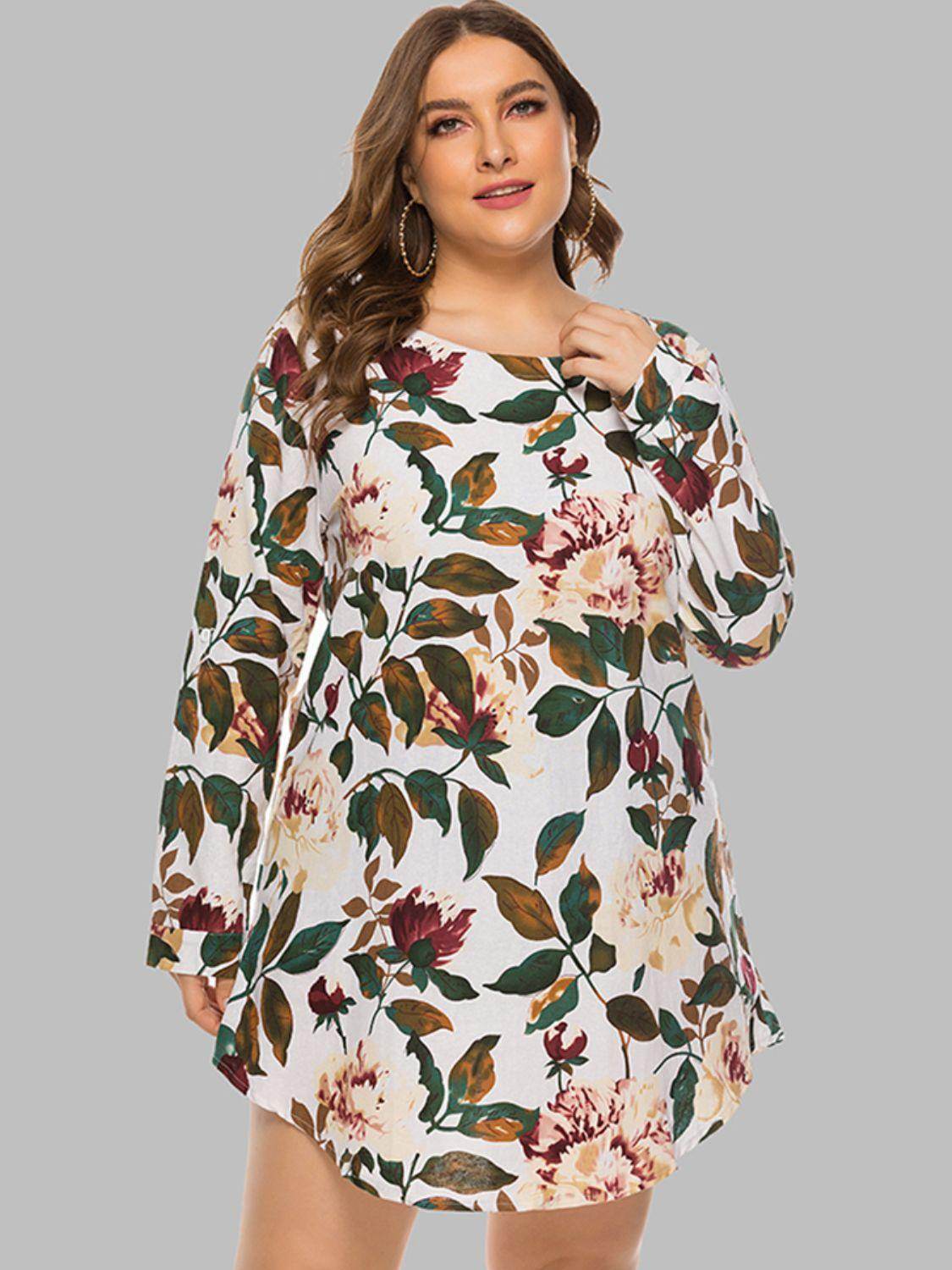 Full Size Floral Long Sleeve Mini Dress for Casual Wear - Selvanelle