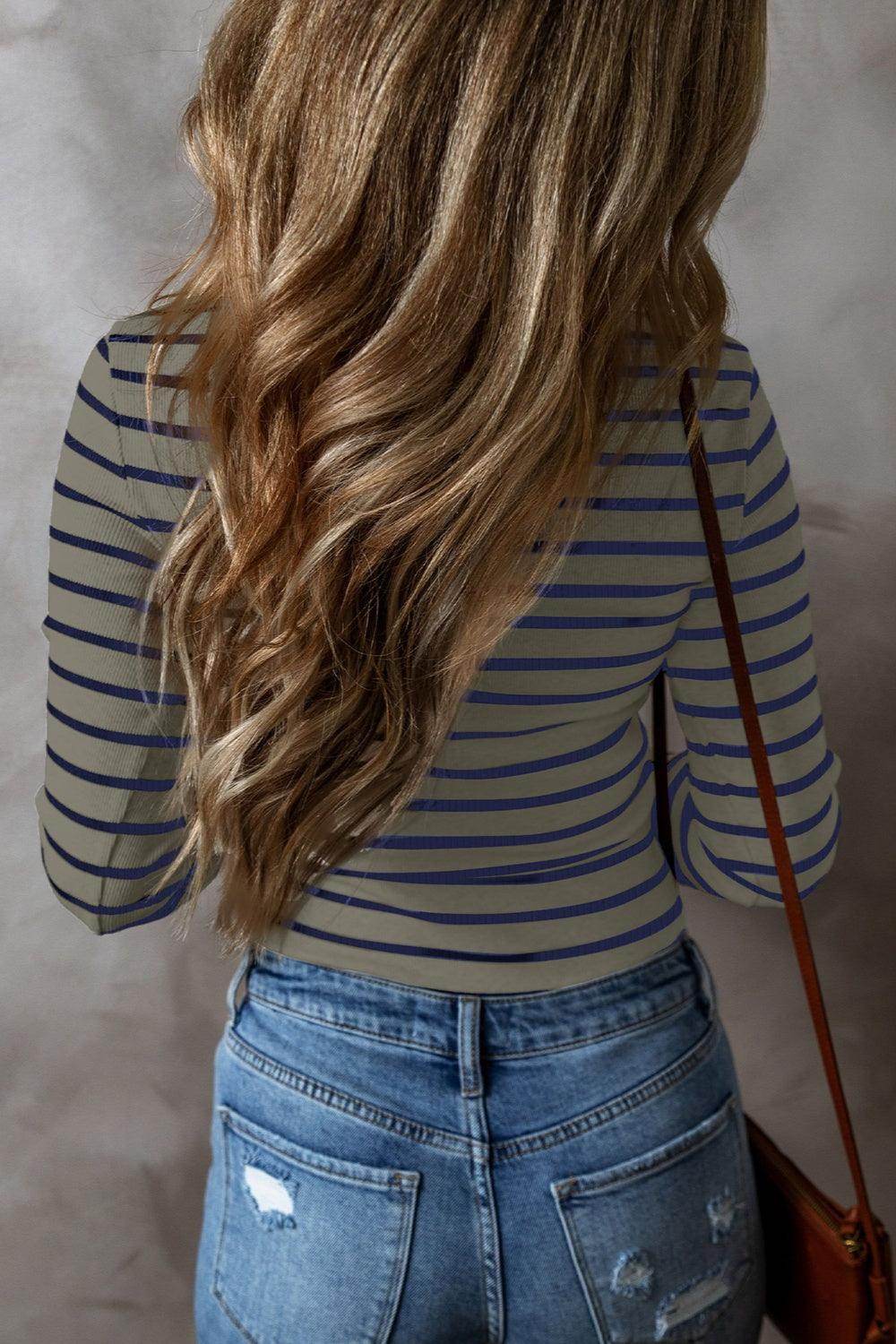 Striped V-Neck Long Sleeve Top for Women Casual Wear - Selvanelle