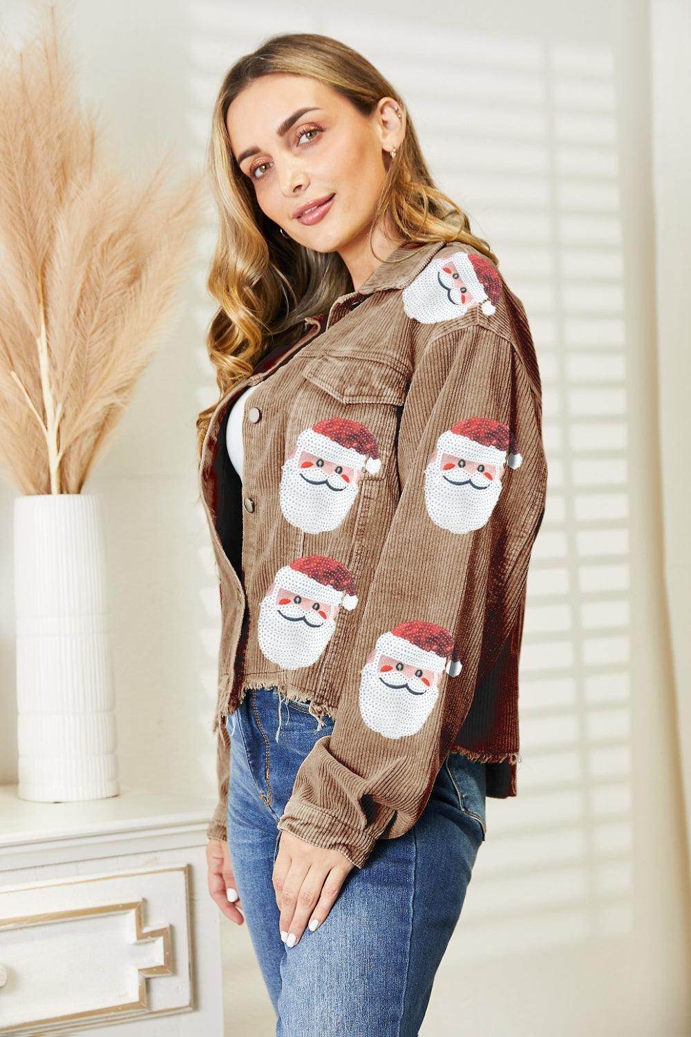 Santa Sequin Raw Hem Jacket with Pockets and Buttons - Selvanelle