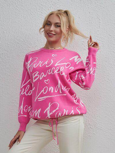 Drawstring Hem Letter Pattern Round Neck Dropped Shoulder Sweater - Selvanelle