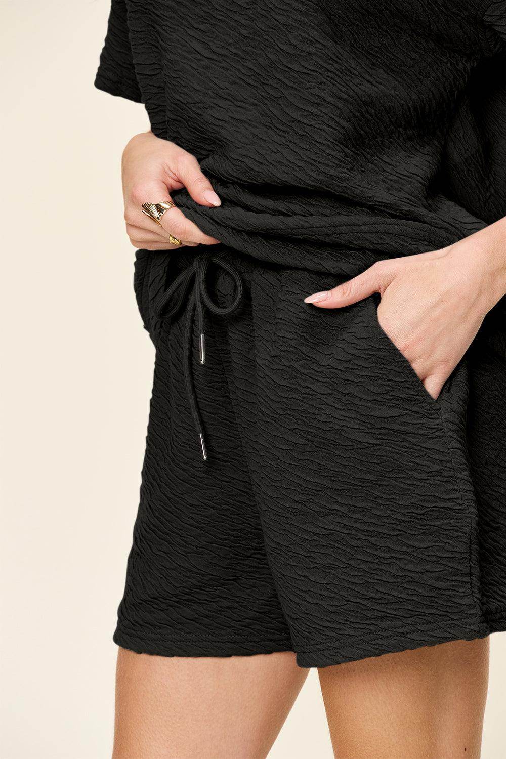 Double Take Full Size Texture Short Sleeve T-Shirt and Drawstring Shorts Set - Selvanelle