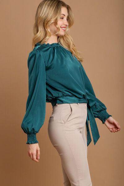 Umgee Frill Tied Hem Long Sleeve Blouse for Women - Selvanelle