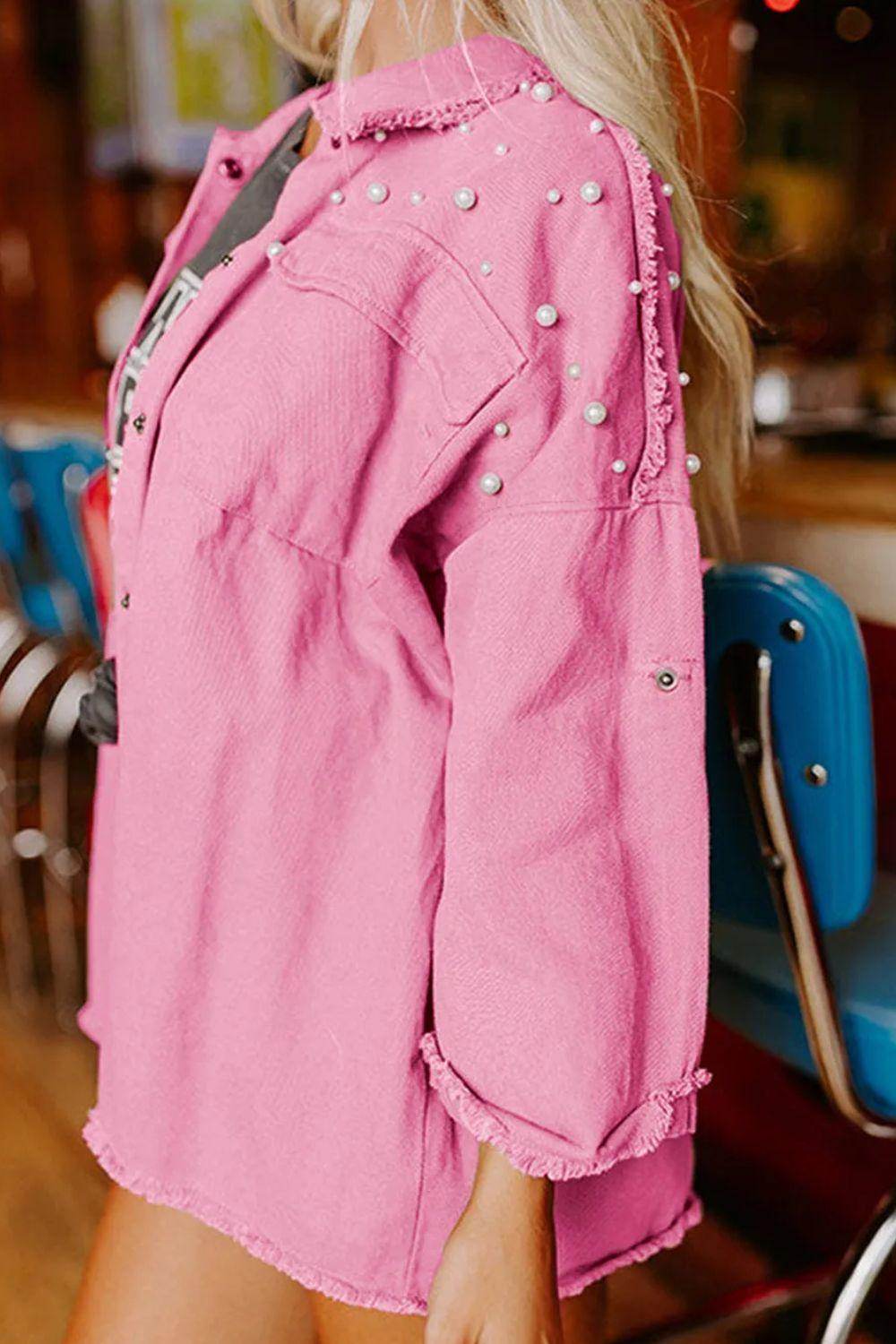 Raw Hem Pearl Trim Dropped Shoulder Denim Jacket for Women - Selvanelle