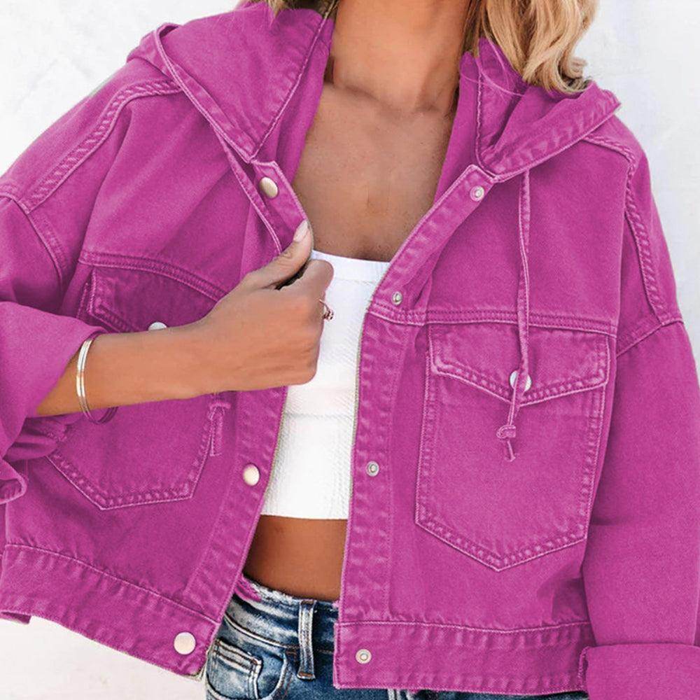 Hooded Dropped Shoulder Denim Jacket for Women Casual Wear - Selvanelle