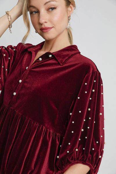 Umgee Pearl Detail Collared Neck Velvet Babydoll Blouse - Selvanelle