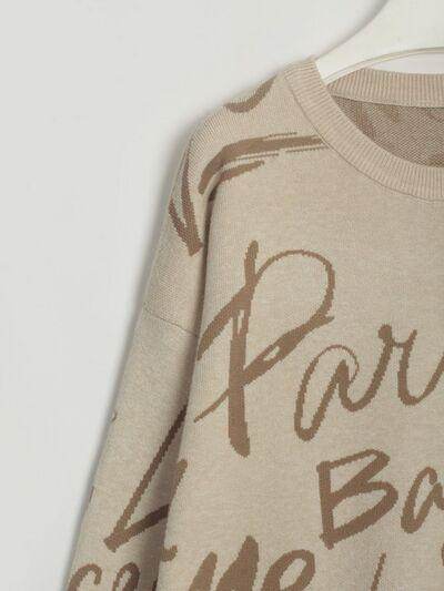 Drawstring Hem Letter Pattern Round Neck Dropped Shoulder Sweater - Selvanelle