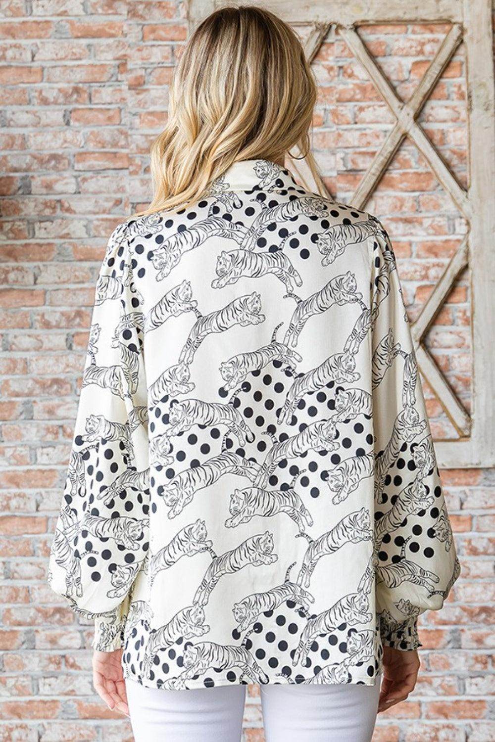 First Love Tiger Print Collared Neck Long Sleeve Satin Shirt - Selvanelle