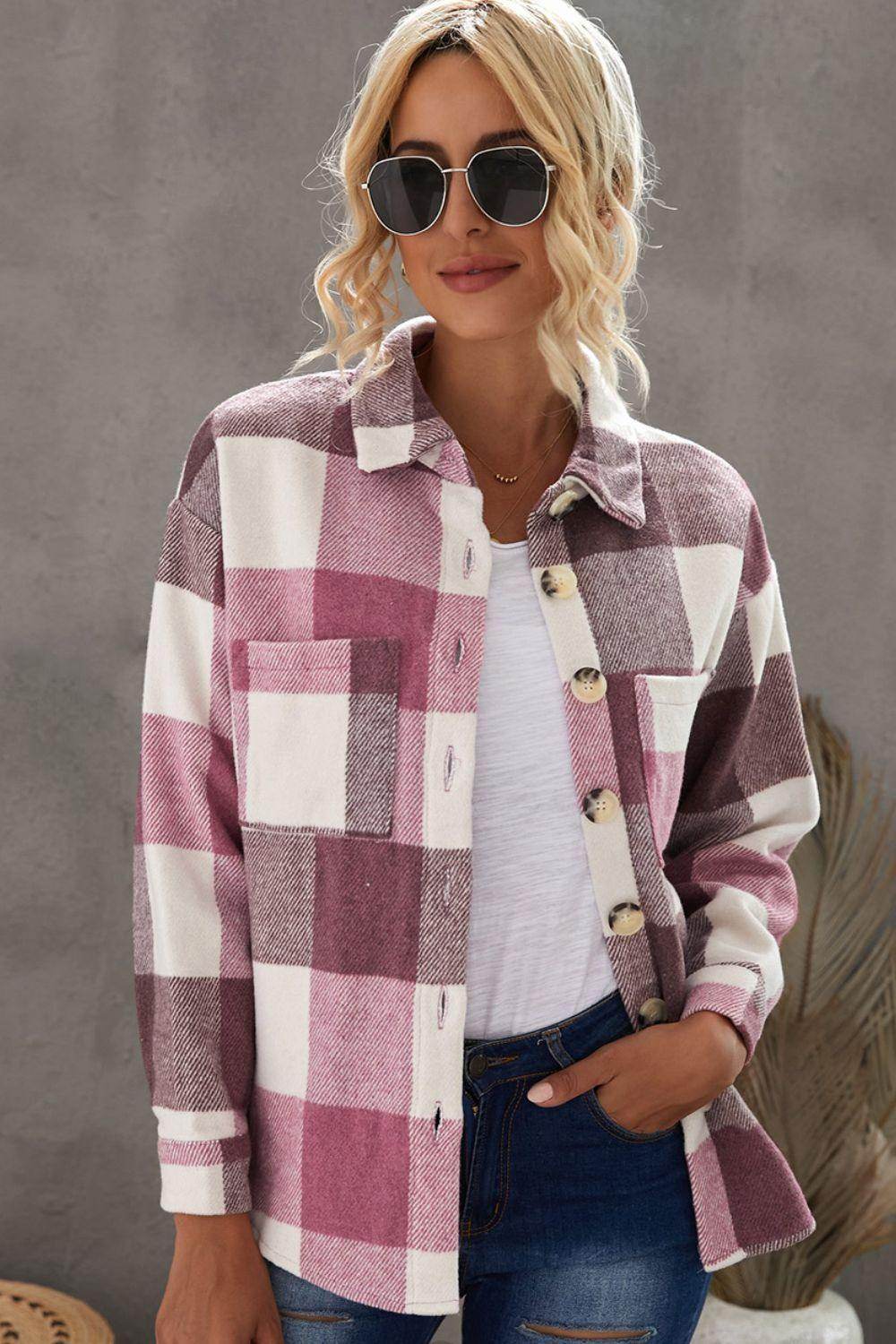 Plaid Button Up Dropped Shoulder Jacket for Women Stylish - Selvanelle