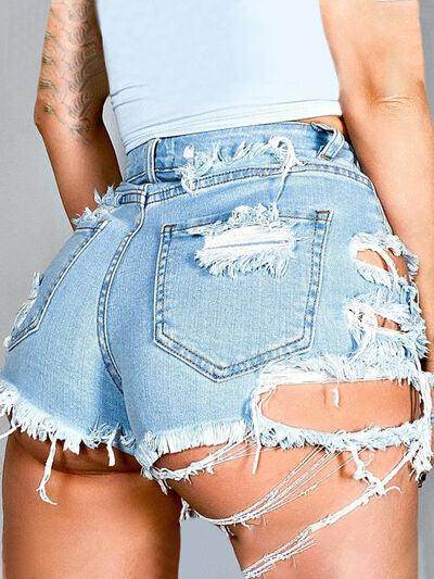 Distressed Raw Hem Denim Shorts with Pockets for Women - Selvanelle