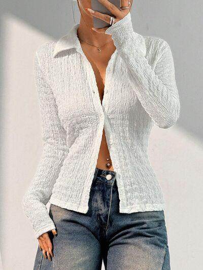 Wrinkled Collared Neck Long Sleeve Shirt for Women - Selvanelle