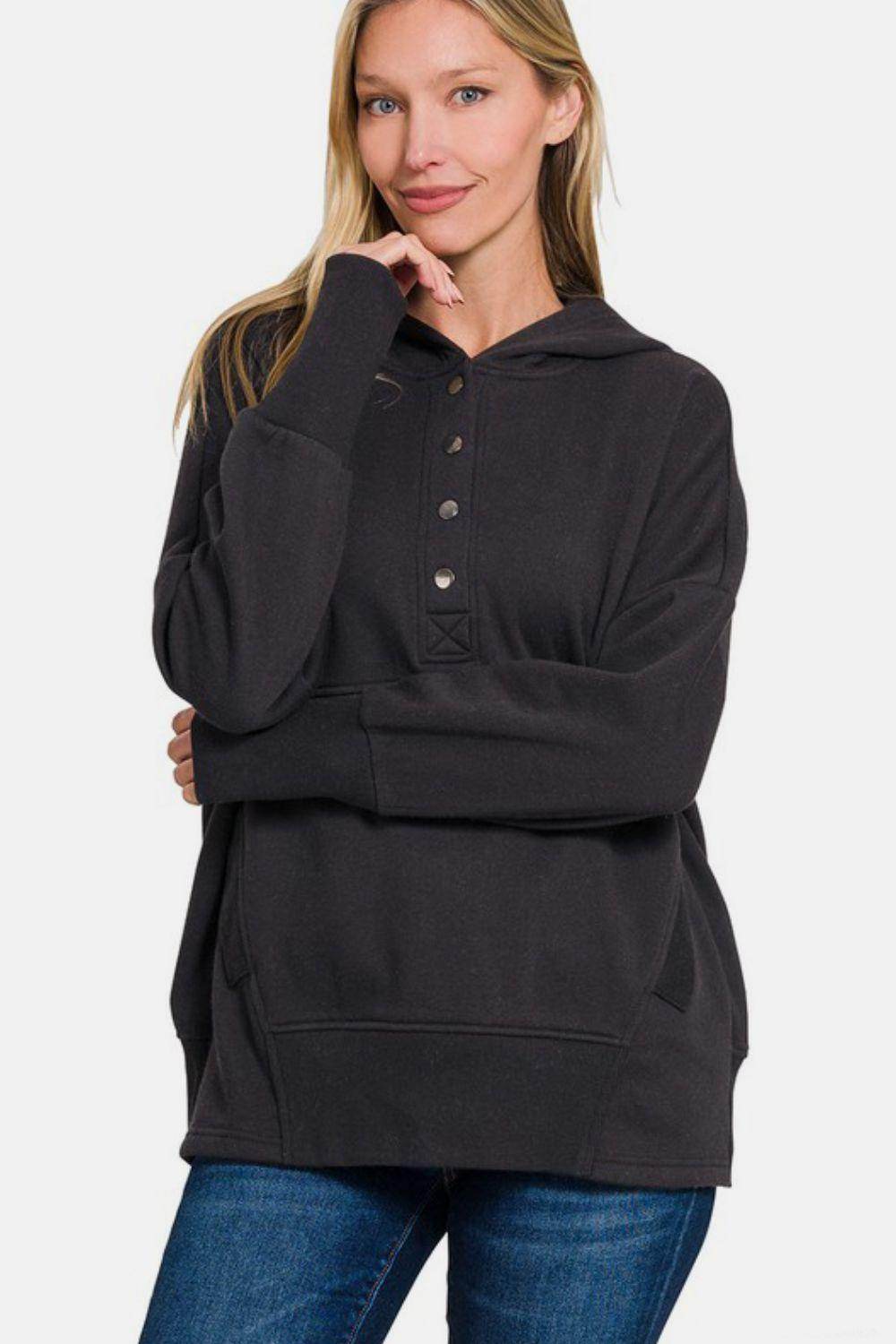 Zenana Half Snap Long Sleeve Hoodie with Kangaroo Pocket - Selvanelle