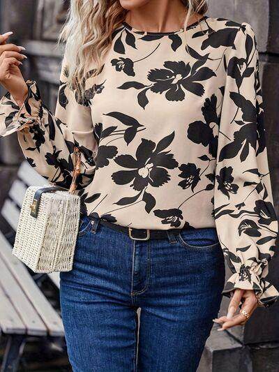 Bow Back Printed Round Neck Flounce Sleeve Blouse for Women - Selvanelle