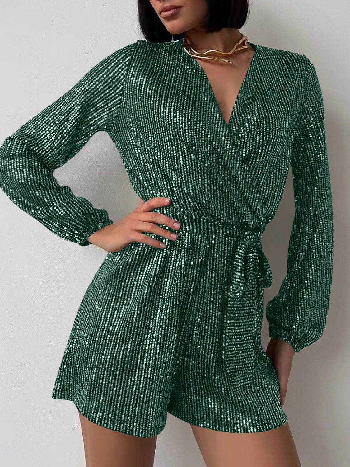 Full Size Sequin Surplice Tie Waist Long Sleeve Romper - Selvanelle