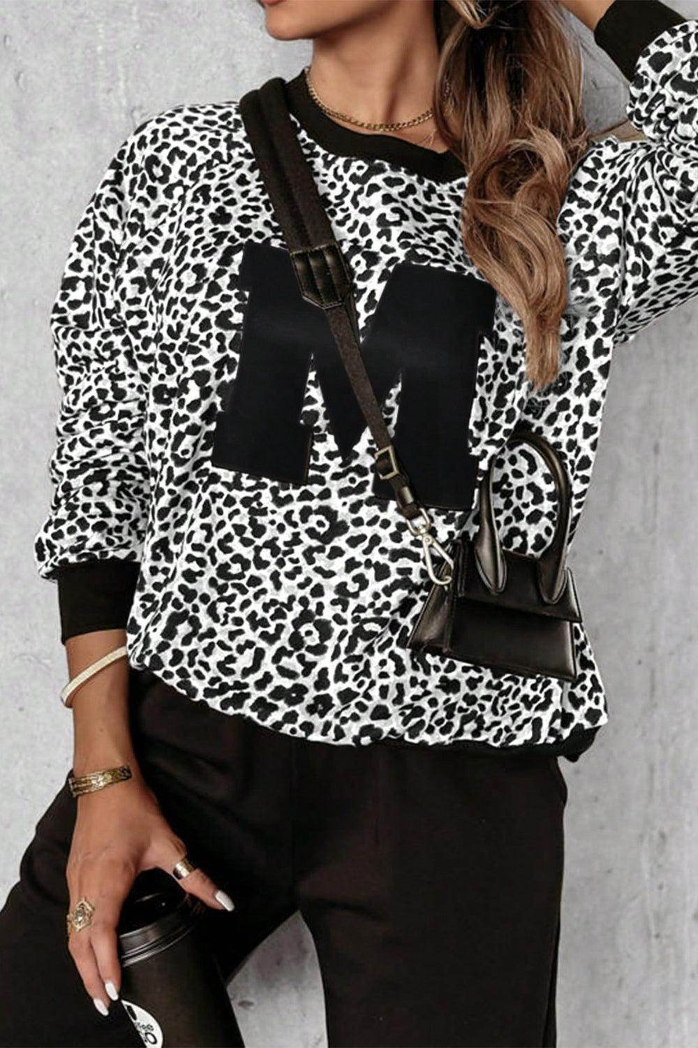 Letter M Leopard Round Neck Top and Pants Set for Women - Selvanelle