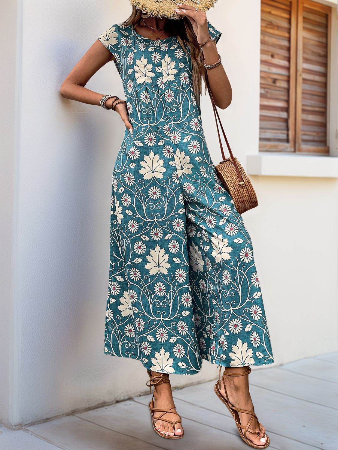 Perfee Printed Round Neck Cap Sleeve Wide Leg Jumpsuit - Selvanelle