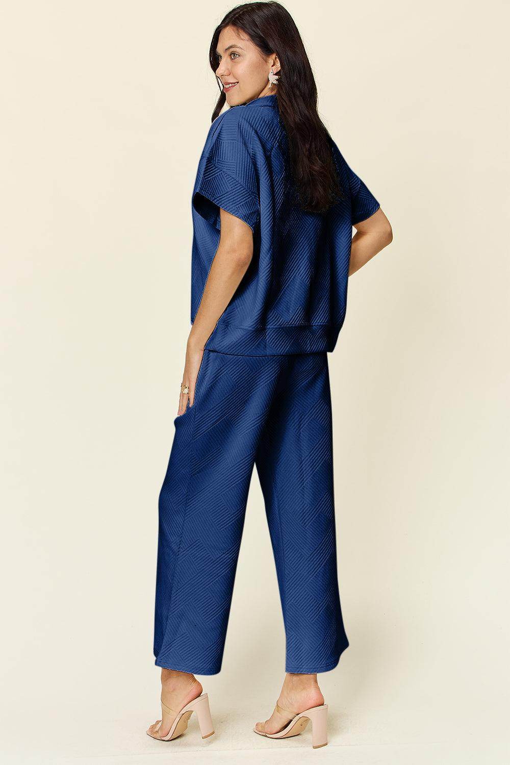 Double Take Full Size Texture Half Zip Short Sleeve Top Set - Selvanelle