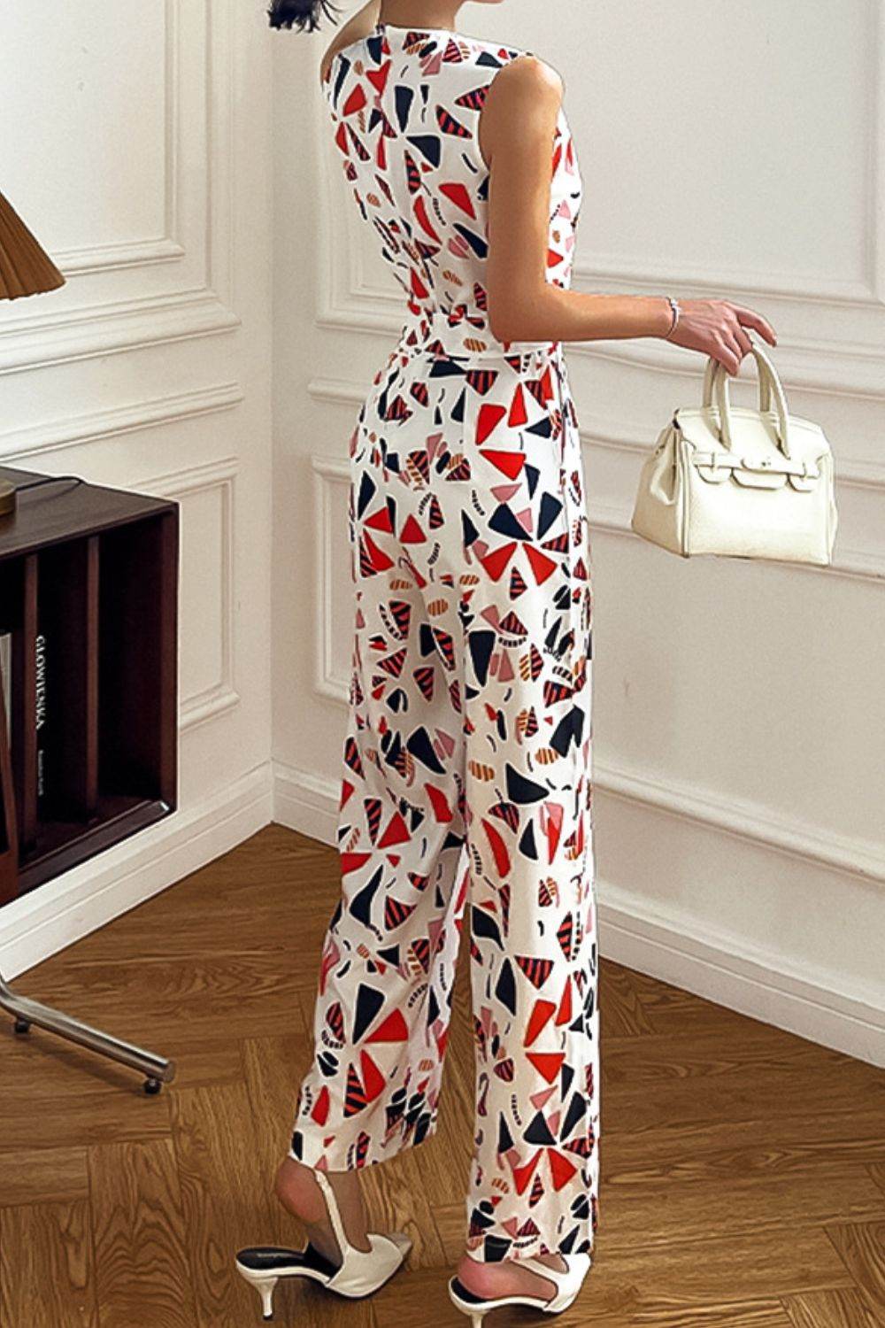 Printed Surplice Neck Sleeveless Jumpsuit - Selvanelle