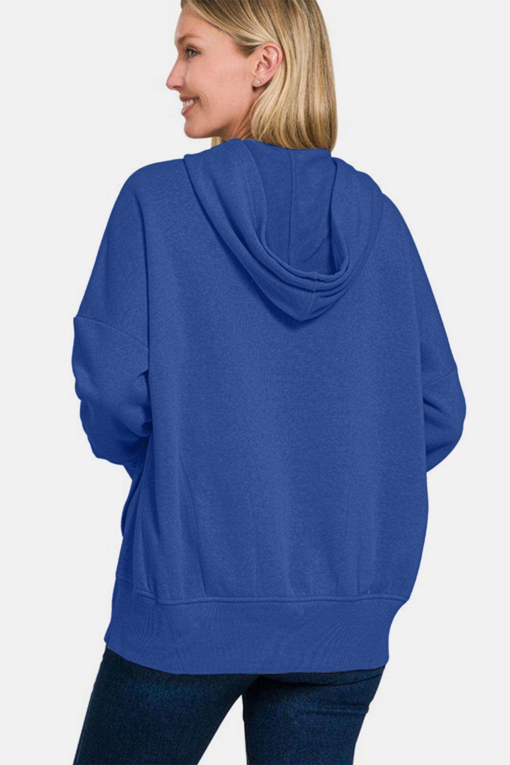 Zenana Half Snap Long Sleeve Hoodie With Kangaroo Pocket - Selvanelle
