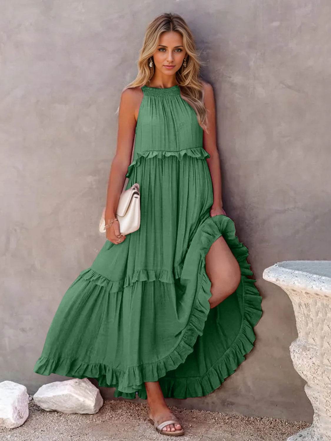 Ruffled Sleeveless Tiered Maxi Dress with Pockets - Selvanelle