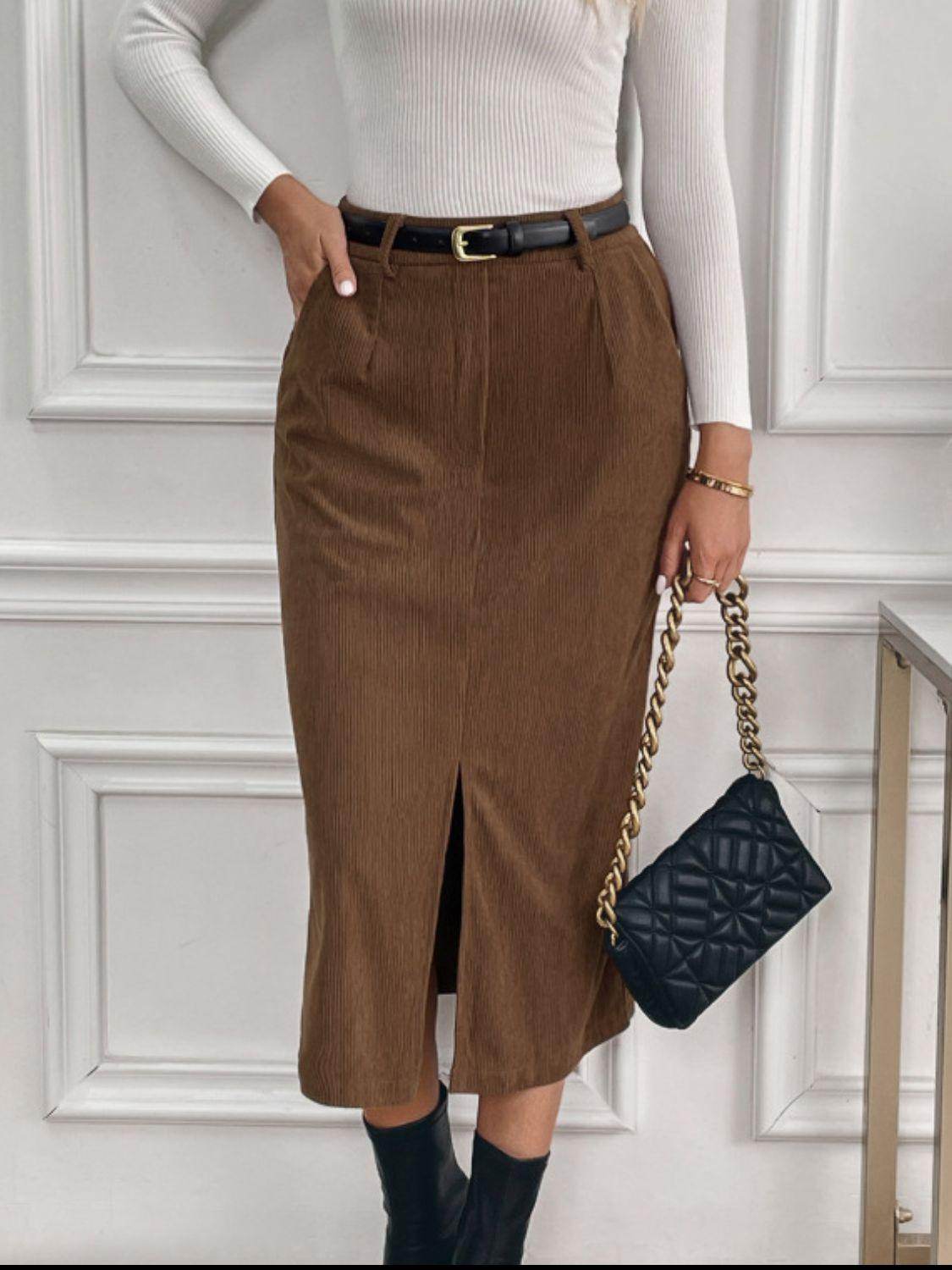 Perfee Slit Midi Skirt with Pockets for Stylish Comfort - Selvanelle