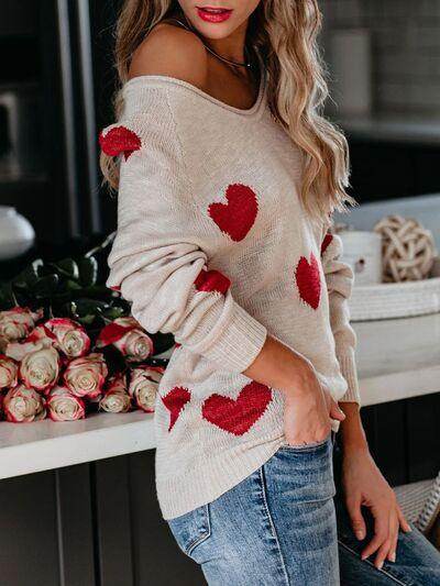 Heart Scoop Neck Long Sleeve Sweater for Women Cozy Style - Selvanelle
