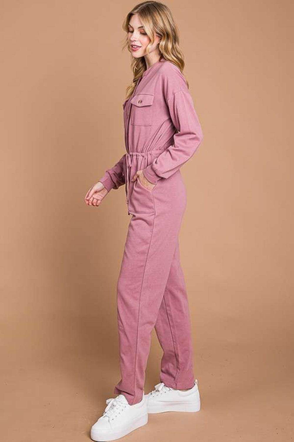 Culture Code Full Size Button Up Drawstring Waist Jumpsuit - Selvanelle