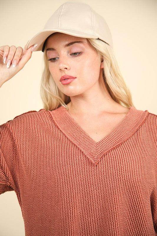 Very J Two Tone Ribbed V-Neck Exposed Seam Top for Fall - Selvanelle