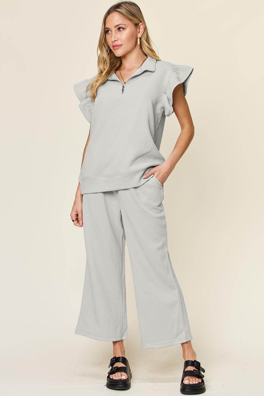 Double Take Texture Ruffle Short Sleeve Top and Pants Set - Selvanelle