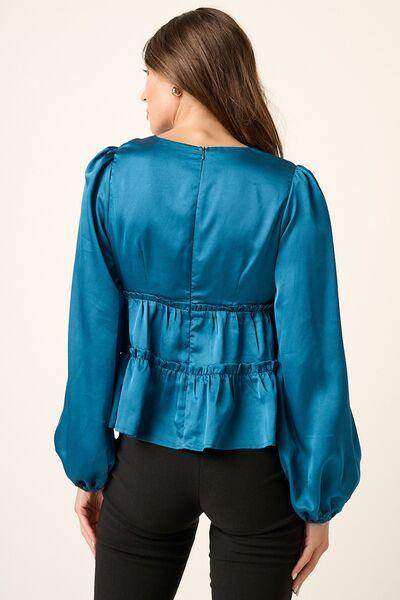 Mittoshop Satin V Neck Ruffled Tier Blouse for Women - Selvanelle