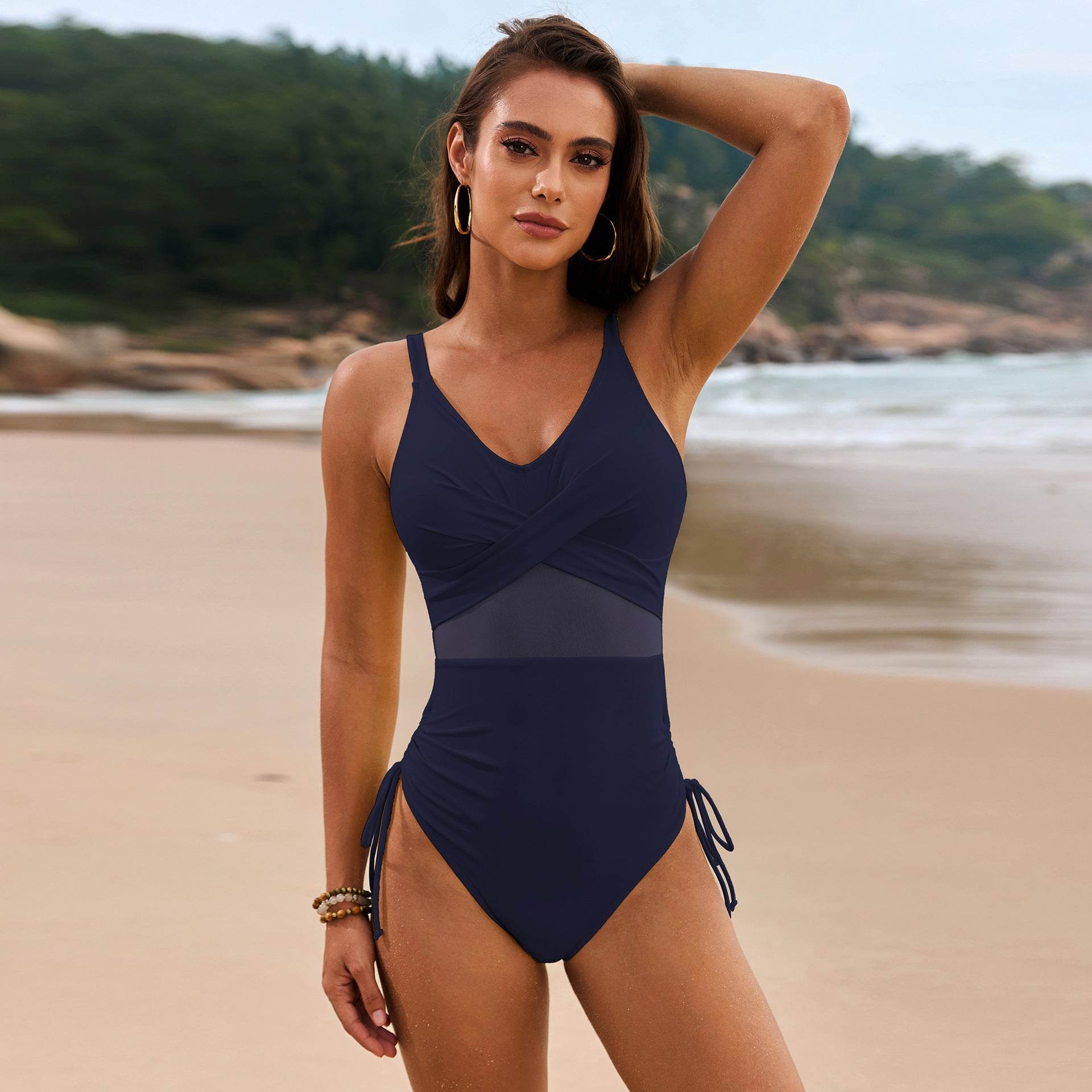 Drawstring Ruched V-Neck One-Piece Swimwear - Selvanelle