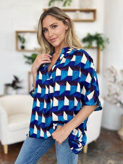 Double Take Full Size Geometric Notched Half Sleeve Blouse - Selvanelle