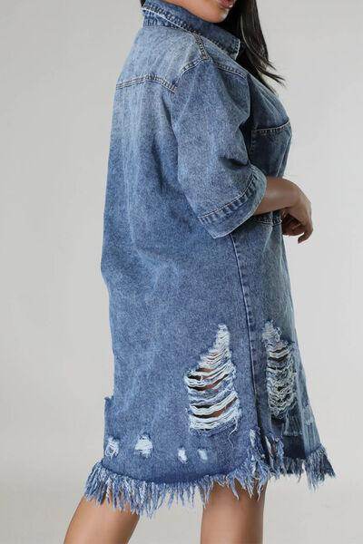 Distressed Raw Hem Button Up Denim Dress for Women - Selvanelle