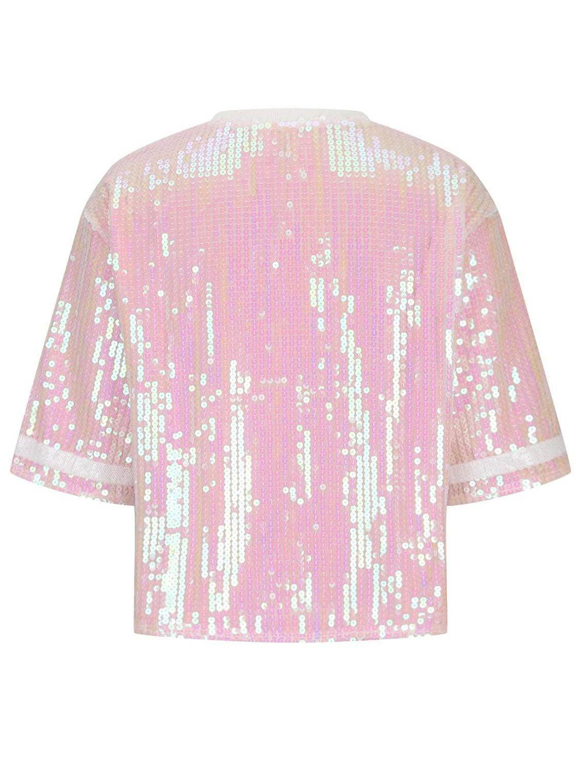 Sequin Football Round Neck Half Sleeve Top for Women - Selvanelle