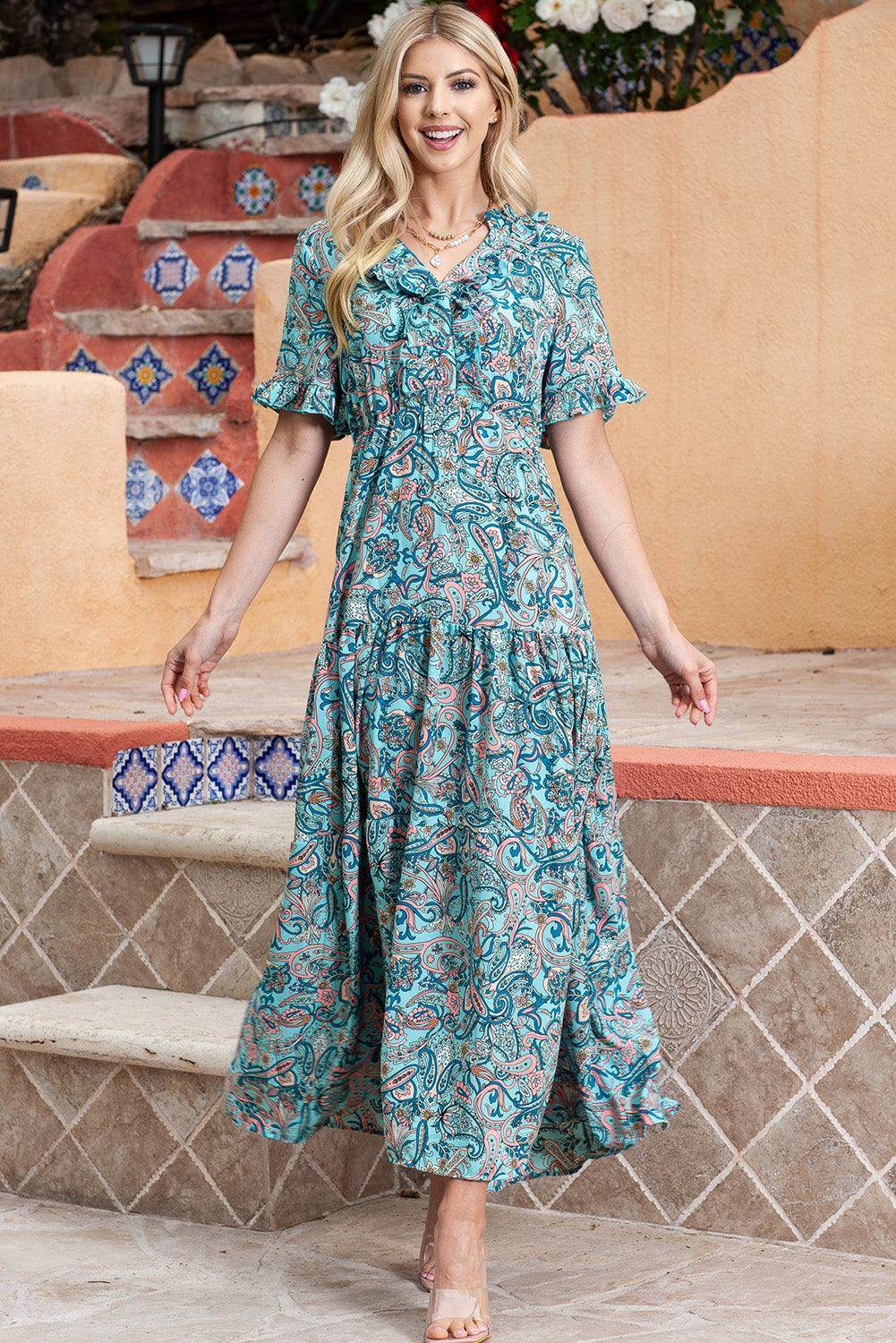 Paisley Print Flounce Sleeve Maxi Dress for Women - Selvanelle
