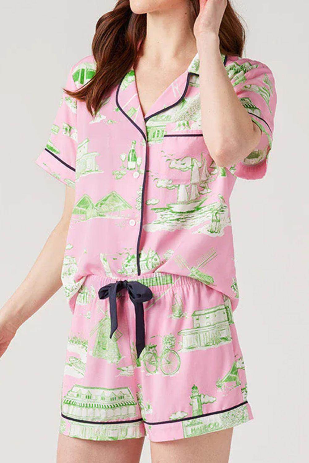 Collared Neck Printed Top and Drawstring Shorts Lounge Set - Selvanelle