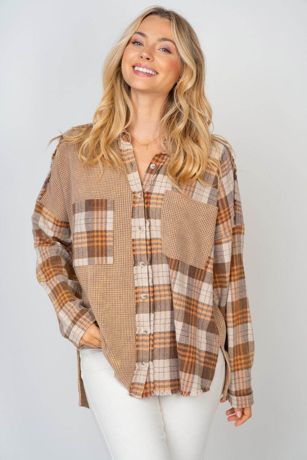 White Birch Full Size Contrast Plaid Button Down Shirt - Selvanelle