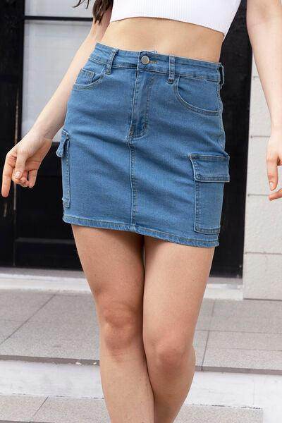 High Waist Pocketed Denim Skirt for Casual Style - Selvanelle